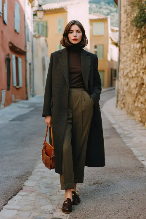 A young woman wearing a fitted wool coat over a cashmere turtleneck and straight-leg trousers, styled with leather loafers and a structured mini handbag 