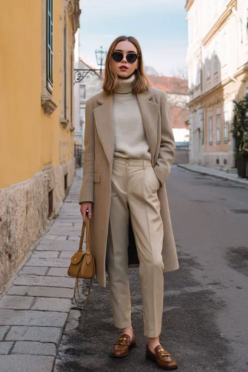 A young woman wearing a fitted wool coat over a cashmere turtleneck and straight-leg trousers, styled with leather loafers and a structured mini handbag