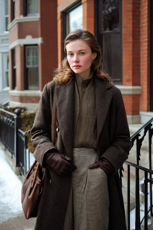A young woman wearing a long wool coat layered over a fitted sweater and straight-leg trousers, styled with leather gloves and a structured tote