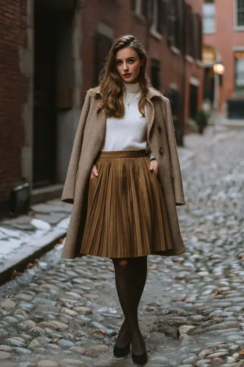 A young woman wearing a pleated midi skirt styled with a fitted knit top, cropped wool coat, sheer tights, and classic ballet flats 