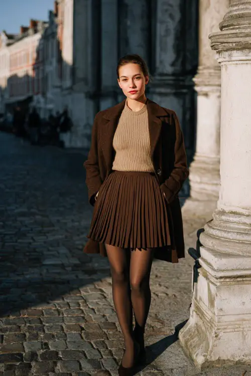 A young woman wearing a pleated midi skirt styled with a fitted knit top, cropped wool coat, sheer tights, and classic ballet flats