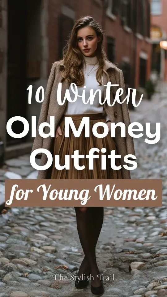 A young woman wearing a winter old money outfir with a pleated midi skirt styled with a fitted knit top, cropped wool coat, sheer tights, and classic ballet flats