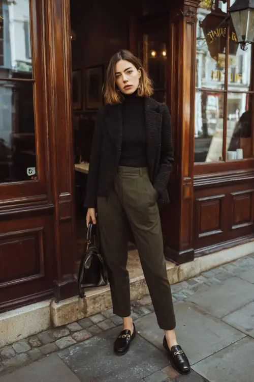 A young woman wearing tailored trousers styled with a fine knit turtleneck, cropped wool jacket, leather loafers, and a structured shoulder bag, standing outside a traditional café in winter