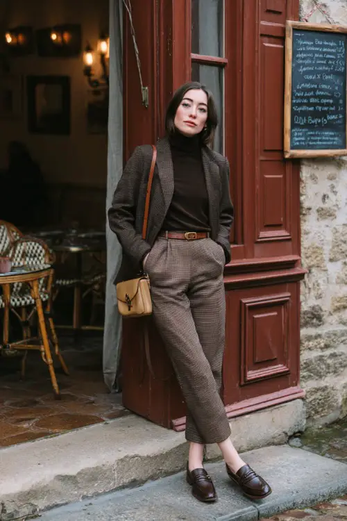 A young woman wearing tailored trousers styled with a fine knit turtleneck, cropped wool jacket, leather loafers, and a structured shoulder bag