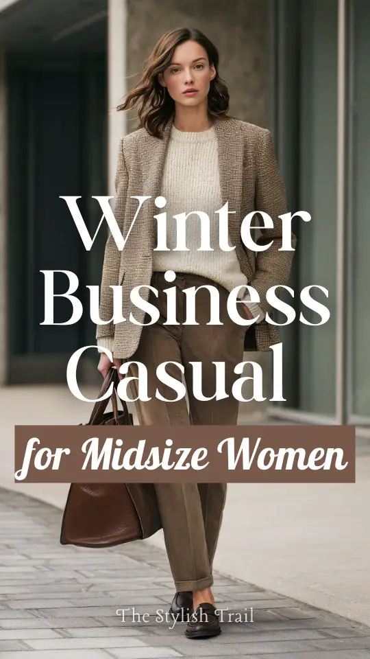 a midsize woman wearing a winter business casual outfit with a tailored wool blazer layered over a fine knit sweater, paired with straight-leg trousers and leather loafers