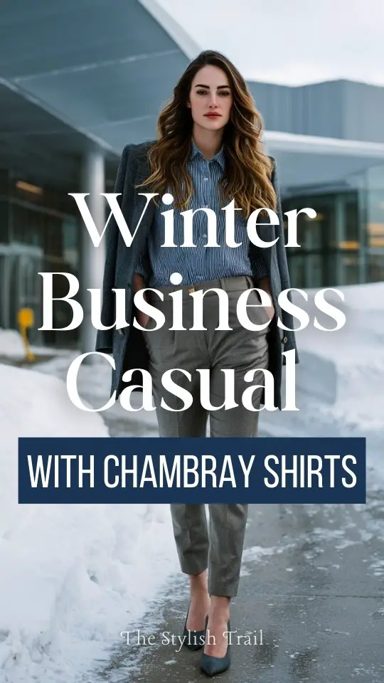 a woman dressed in a winter business casual outfit featuring a chambray shirt layered under a structured jacket