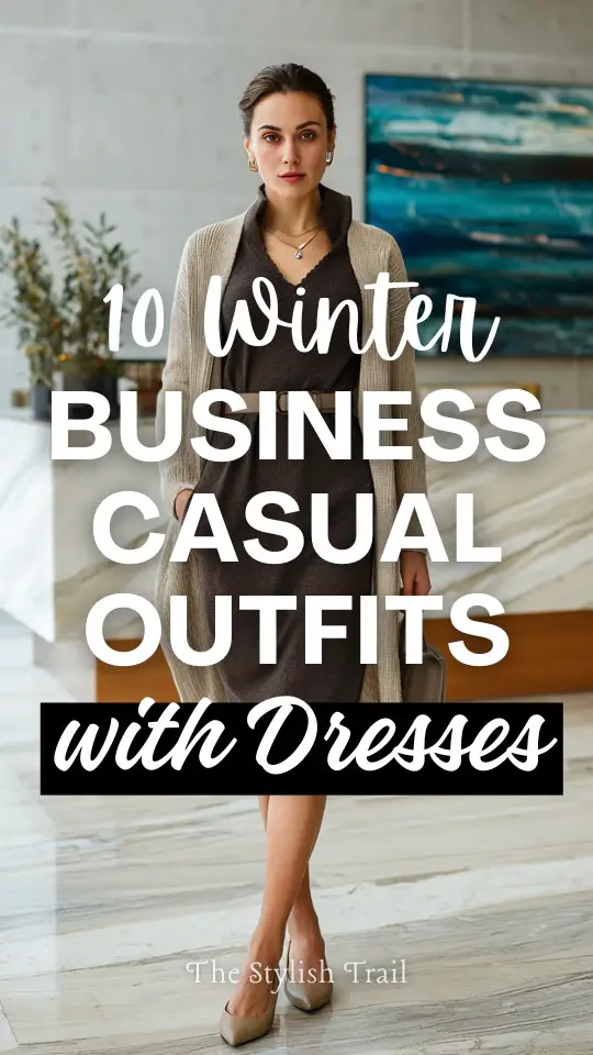 a woman styled in a winter business casual outfit with a dress paired with a belted cardigan and pointed-toe flats, finished with subtle jewelry