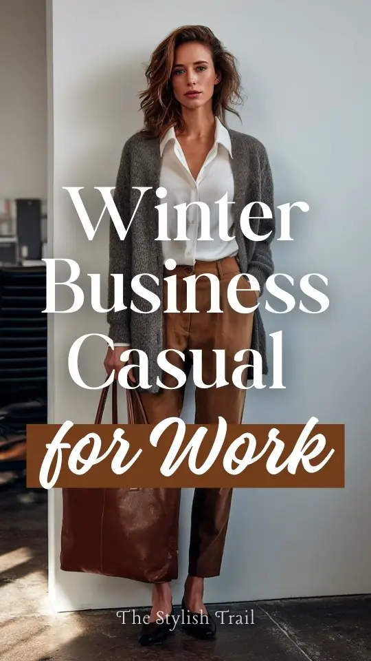 a woman wearing a winter business casual outfit with a cardigan layered over a crisp blouse, paired with straight-leg pants and leather flats, carrying a structured tote bag