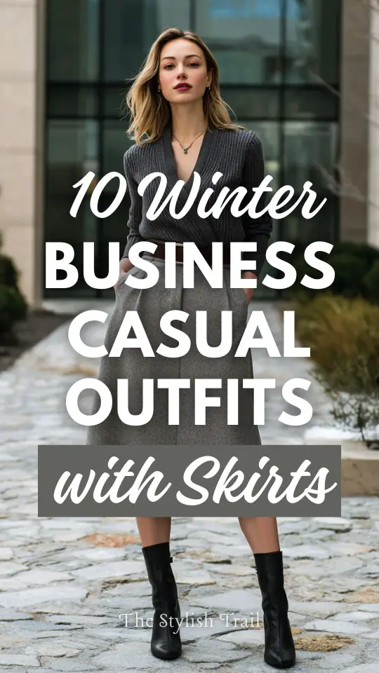 a woman wearing a winter business casual outfit with a skirt paired with a belted cardigan and ankle boots, accessorized with minimal jewelry