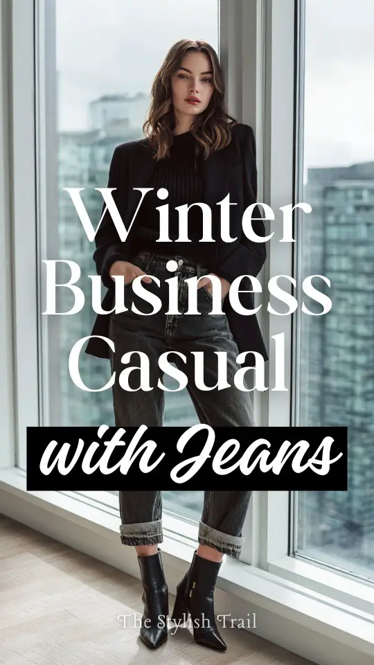 a woman wearing winter business casual outfit with jeans paired, a fine-gauge sweater and a belted blazer, styled with block-heel ankle boots