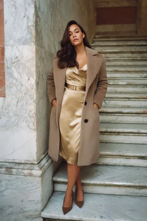 A curvy woman wears a belted coat layered over a silk midi dress with slingback heels, photographed on marble steps of a heritage building, full-body editorial portrait