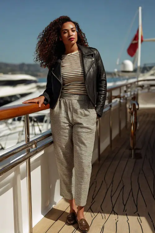 A curvy woman wears a classic leather jacket layered over a striped knit top with tailored ankle trousers and loafers, photographed on a yacht deck