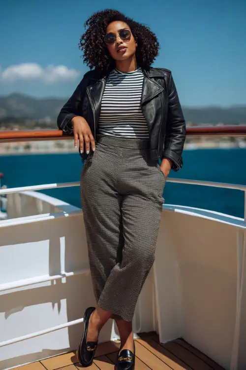 A curvy woman wears a classic leather jacket layered over a striped knit top with tailored ankle trousers and loafers, photographed on a yacht deck