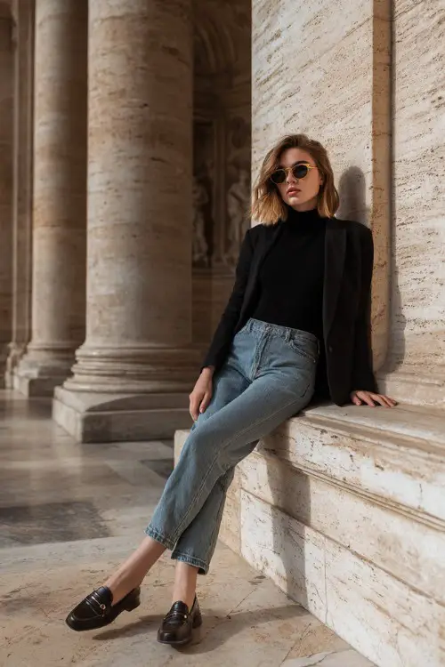 A curvy woman wears a fine wool sweater with straight-leg jeans, structured blazer, loafers, posing near marble architecture, full-body editorial fashion shot 