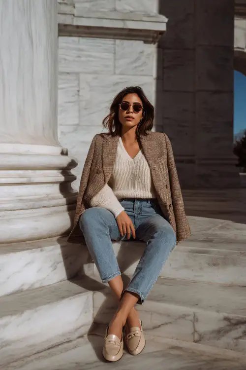 A curvy woman wears a fine wool sweater with straight-leg jeans, structured blazer, loafers, posing near marble architecture, full-body editorial fashion shot