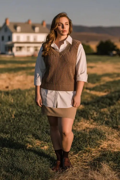 A curvy woman wears a knit sweater vest paired with a crisp shirt dress and leather flats, styled in a quiet countryside setting, full-body lifestyle fashion photography 