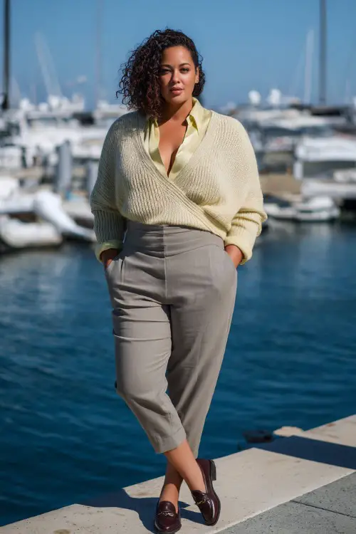 A curvy woman wears a lightweight sweater draped over shoulders with a silk blouse, tailored trousers, loafers, photographed near a marina, full-body lifestyle fashion shot