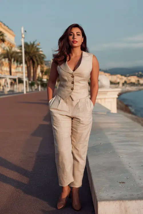 A curvy woman wears a linen vest set with matching trousers and leather flats, posing by a seaside promenade, full-body lifestyle fashion photo, golden hour lighting
