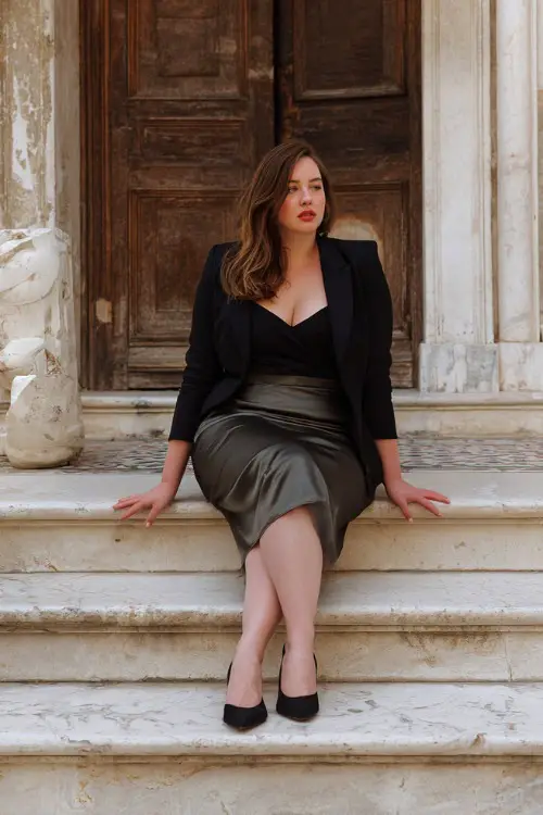A curvy woman wears a satin midi skirt with a tailored blazer and slingback heels, photographed on marble steps of a historic building, full-body portrait