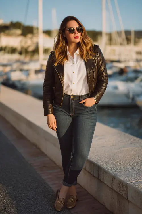 A curvy woman wears a structured leather jacket with straight-leg jeans, a crisp white shirt, and loafers, posing near a marina walkway, full-body lifestyle fashion shot