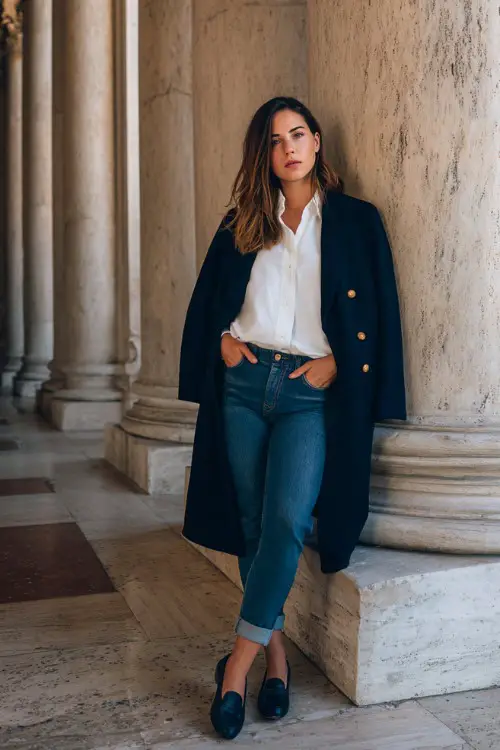 A curvy woman wears a structured navy coat with straight jeans, crisp white shirt, loafers, posing near marble architecture, full-body editorial fashion shot