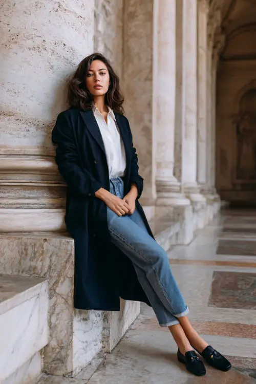 A curvy woman wears a structured navy long coat with straight-leg jeans, crisp white shirt, loafers, posing near marble architecture, full-body editorial fashion shot 