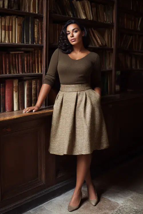 A curvy woman wears an A-line tweed skirt with a fitted knit top and ballet flats, styled in a vintage library setting, full-body shot, cinematic lighting, refined classic fashion photography