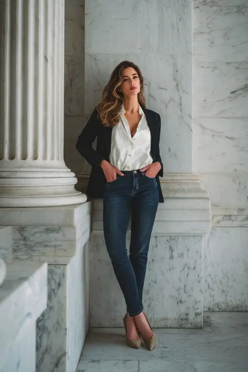 A curvy woman wears classic blue jeans with a silk blouse, structured blazer, and low heels, posing near marble architecture, full-body editorial fashion shot