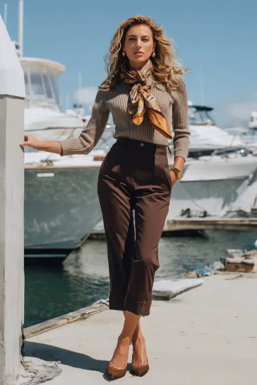 A curvy woman wears cropped brown pants with a silk scarf, fitted knit sweater, slingback heels, photographed near a marina, full-body lifestyle fashion shot 