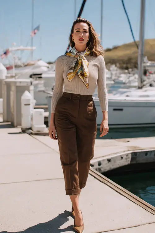 A curvy woman wears cropped brown pants with a silk scarf, fitted knit sweater, slingback heels, photographed near a marina, full-body lifestyle fashion shot