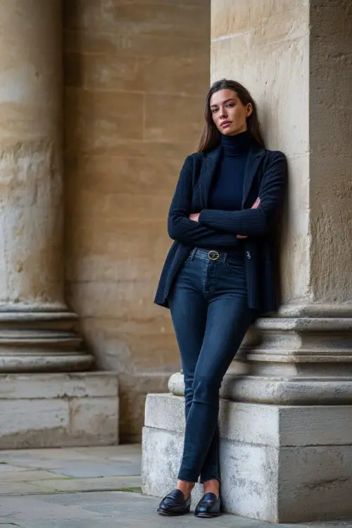 A curvy woman wears dark denim jeans with a fitted turtleneck, wool blazer, loafers, standing beside a historic library building, full-body fashion portrait 