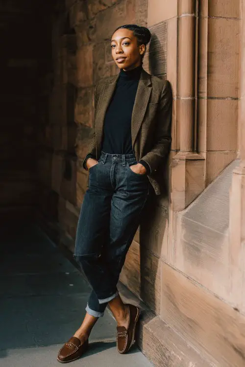 A curvy woman wears dark denim jeans with a fitted turtleneck, wool blazer, loafers, standing beside a historic library building, full-body fashion portrait