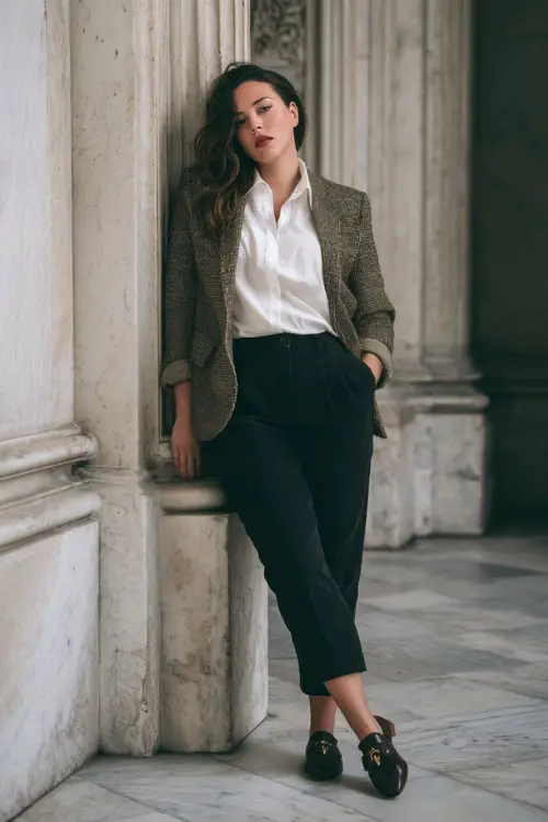 A curvy woman wears straight black pants with a crisp white shirt, tweed blazer, and loafers, posing near marble architecture, full-body editorial fashion shot