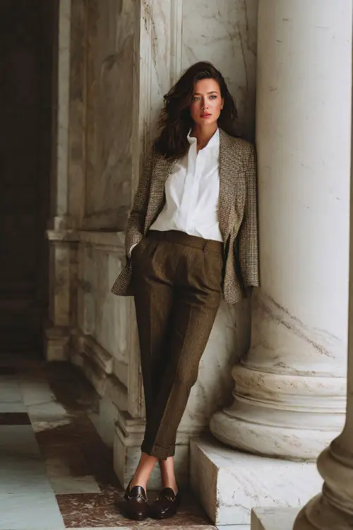 A curvy woman wears straight brown trousers with a crisp white shirt, tweed blazer, loafers, posing near marble architecture, full-body editorial fashion shot