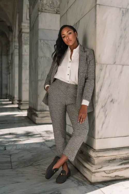 A curvy woman wears straight tailored pants with a crisp white button-down shirt, tweed blazer, loafers, posing near marble architecture, full-body editorial fashion shot