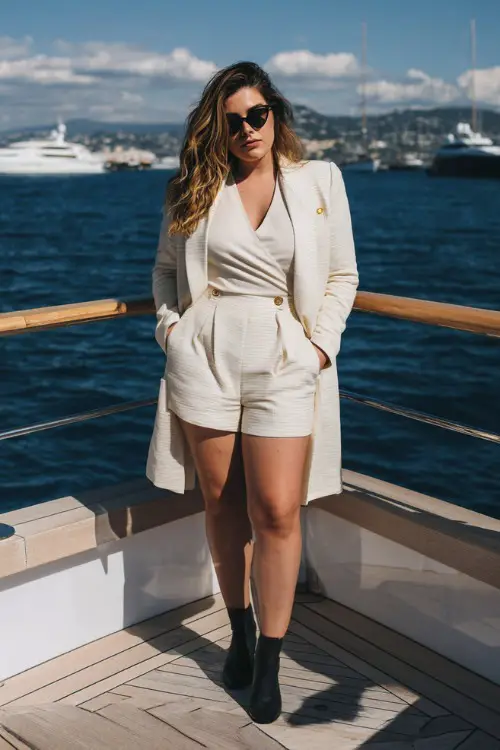 A curvy woman wears tailored shorts with a structured coat and Chelsea boots, photographed on a yacht deck, full-body lifestyle fashion photography, bright coastal light 