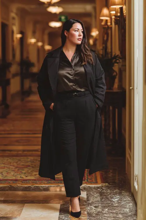 A plus-size woman wears a belted long coat layered over tailored black pants, satin blouse, pointed pumps, photographed inside a luxury hotel lobby, full-body editorial capture