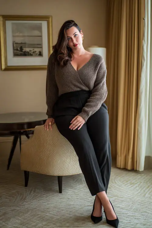 A plus-size woman wears a soft knit sweater with tailored black pants and pointed pumps, photographed in a luxury hotel interior, full-body editorial capture 