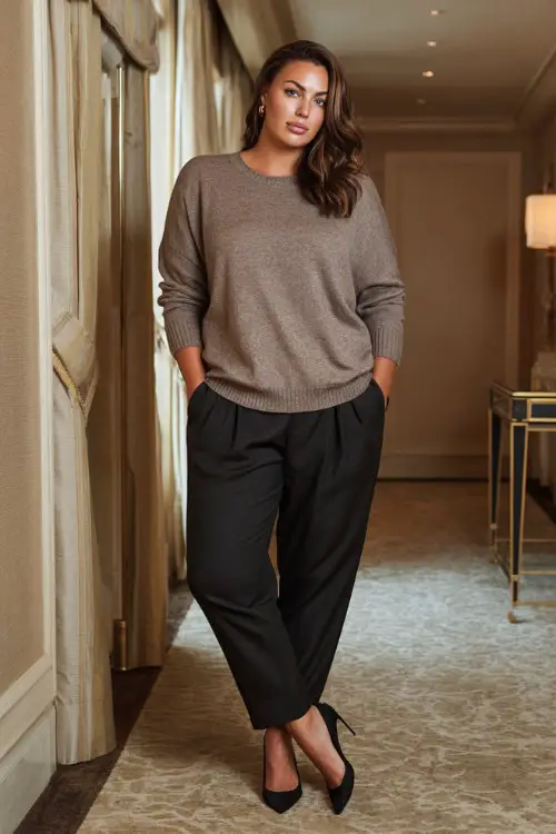 A plus-size woman wears a soft knit sweater with tailored black pants and pointed pumps, photographed in a luxury hotel interior, full-body editorial capture