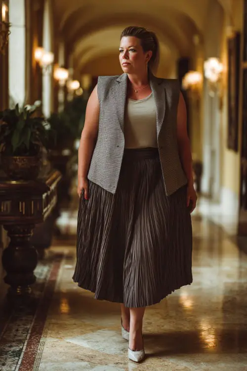 A plus-size woman wears a structured long vest layered over a knit top with a pleated midi skirt and slingback heels, photographed in a grand hotel hallway