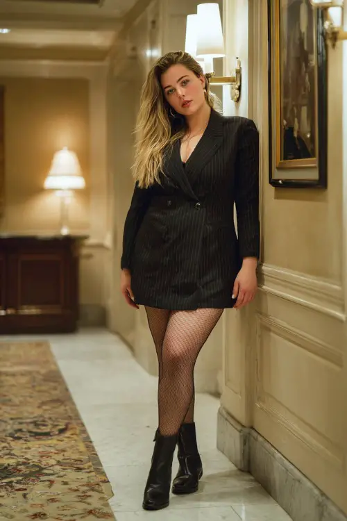 A plus-size woman wears a tailored blazer dress styled with opaque tights and Chelsea boots, posing in a luxury hotel lobby, full-body editorial capture