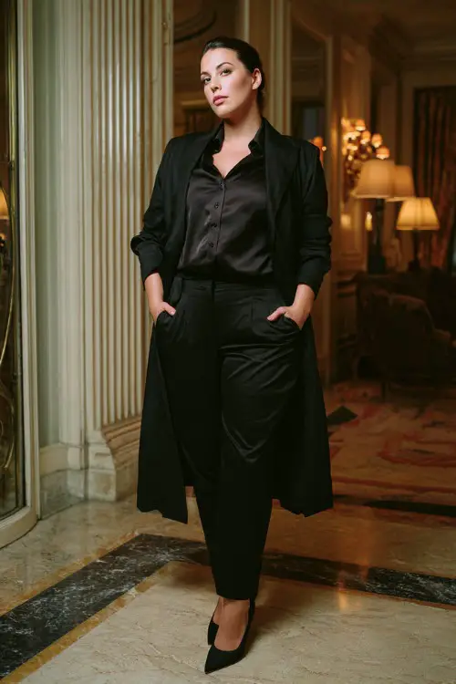 A plus-size woman wears a tailored long coat layered over tailored black pants, satin blouse, pointed pumps, photographed inside a luxury hotel lobby, full-body editorial capture