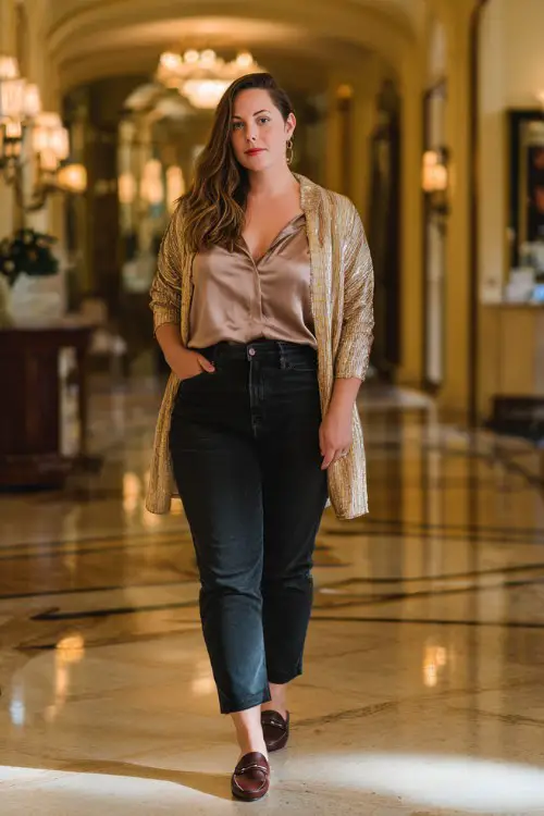 A plus-size woman wears straight jeans with a satin blouse, elegant cardigan, loafers, photographed inside a luxury hotel lobby, full-body editorial capture 
