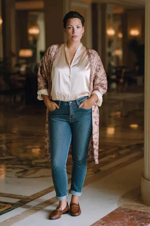 A plus-size woman wears straight jeans with a satin blouse, elegant cardigan, loafers, photographed inside a luxury hotel lobby, full-body editorial capture