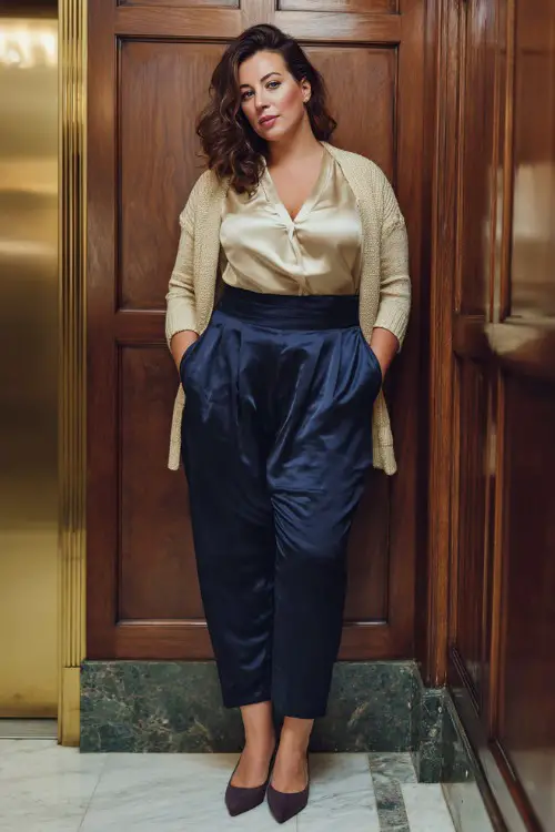 A plus-size woman wears tailored navy pants with a satin blouse, elegant cardigan, pointed pumps, photographed in a luxury hotel interior, full-body editorial capture 