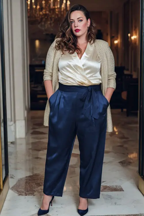 A plus-size woman wears tailored navy pants with a satin blouse, elegant cardigan, pointed pumps, photographed in a luxury hotel interior, full-body editorial capture
