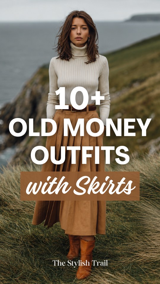A polished woman in an old money outfit with a skirt paired with a fitted cream ribbed turtleneck, and pointed-toe ankle boots