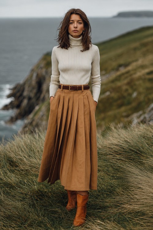 A polished woman in an old money outfit with a skirt paired with a fitted cream ribbed turtleneck, and pointed-toe ankle boots