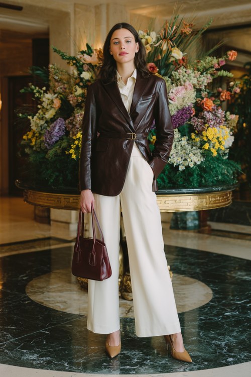 A sleek woman in an old money outfit with a leather jacket over a crisp white silk blouse, tailored cream wide-leg trousers and pointed-toe tan leather pumps
