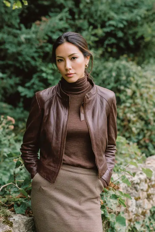 A woman over 30 wears a brown leather jacket with a lightweight turtleneck, wool skirt, and loafers, styled in an autumn park setting, full-body fashion photography